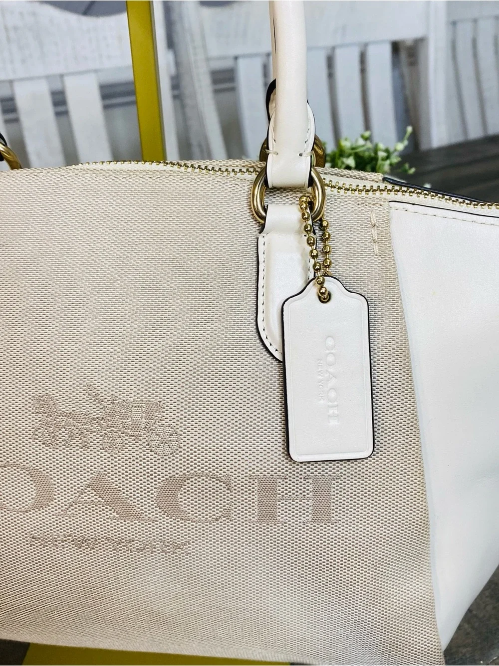 COACH Elise Satchel Horse & Carriage Jacquard Canvas White Leather Crossbody Bag